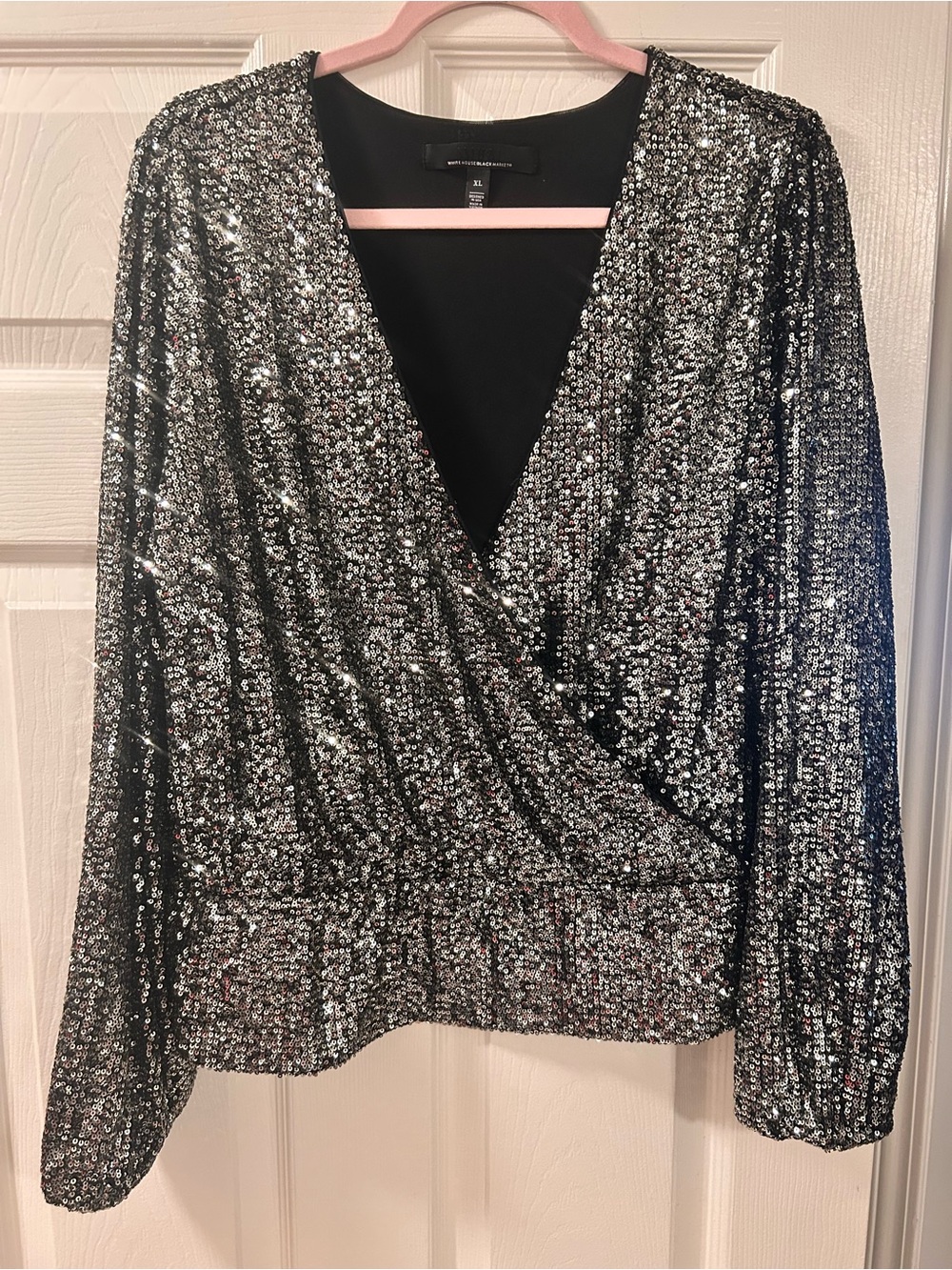 White House Black Market Silver Sequin Wrap V‑Neck Blouse
